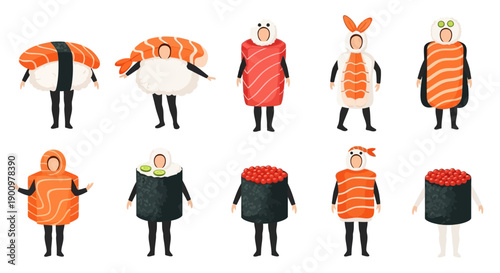 Illustration of diverse sushi-themed characters in various poses and designs