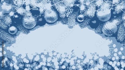 Blue Christmas border with ornaments and snowflakes isolated on transparent background