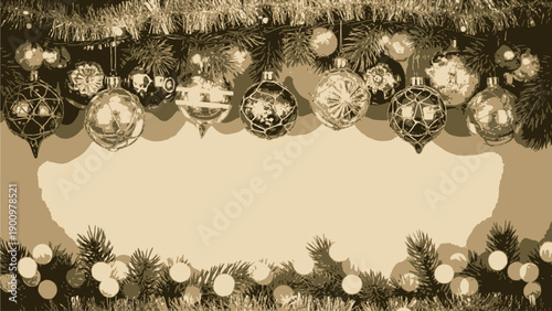 Vintage sepia Christmas border with ornaments and garland, isolated on transparent background