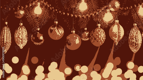 Golden Christmas ornaments and lights on dark background with bokeh effect