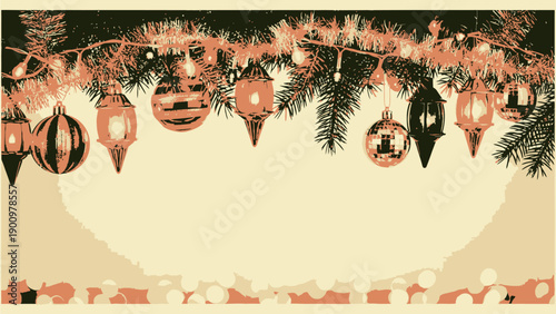 Vintage Christmas border with ornaments and garland, isolated on beige background