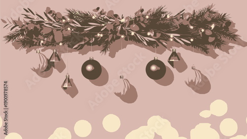 Christmas garland with ornaments on a pink background, isolated on transparent background