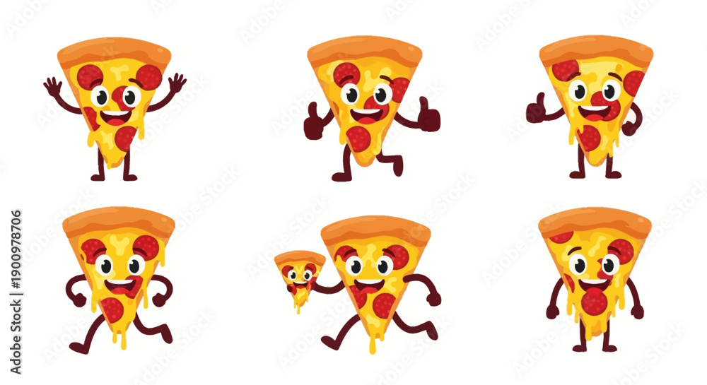 Obraz premium Cartoon pizza characters in various dynamic poses on a clean white background