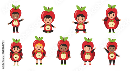 Children dressed in strawberry costumes standing in two rows, possibly for a festive event or performance, showcasing creativity and fun, vector illustration