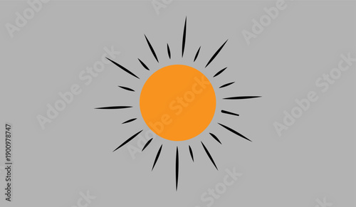 A simple illustration of the sun with orange center and black rays on a gray background.