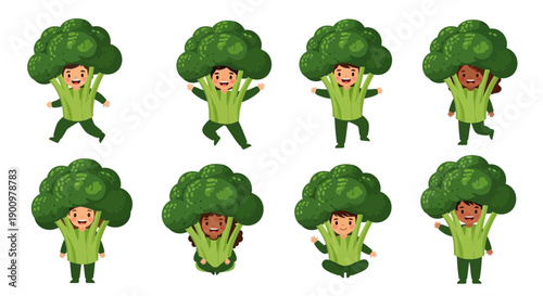 Eight broccoli characters dancing together in a joyful illustration