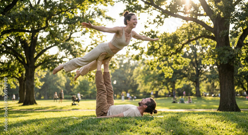 A fit young couple practices acro yoga on the grass in a park, with the man supporting the woman in a flying pose during a sunny afternoon.
