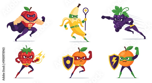 Vibrant Cartoon Fruits Engaged in Dynamic Sports Actions and Heroic Poses, Showcase of Illustrations