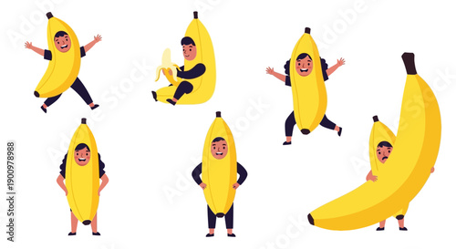 Illustrations of people wearing banana costumes in various dynamic poses and actions