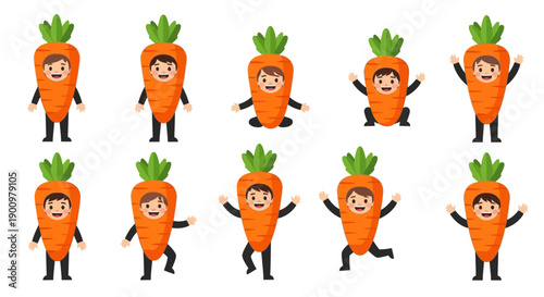 Group of cartoon carrots with human-like features dancing and standing in a grid pattern on a plain white background from a top-down viewpoint