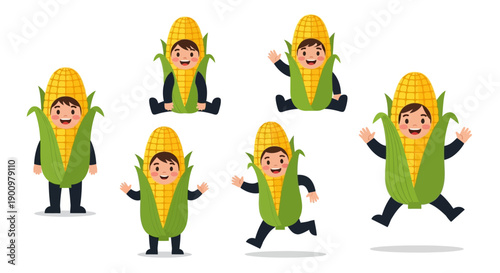 Children in corn costumes dancing together, showcasing playful movements and joyful expressions in a lively illustrative scene Whisk f3952a226bebc2caab442a3ae8ce25b3dr.eps