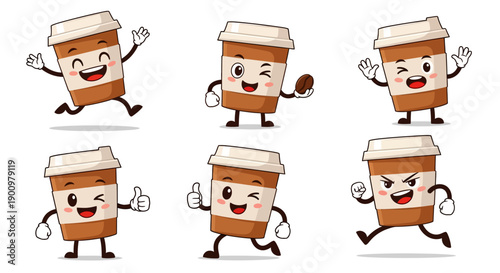 Cartoon coffee cups dancing and having fun in various poses and actions