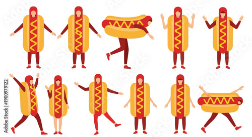 Dancing Hotdog Characters in Various Poses and Outfits, Featuring Costume Variations and Dynamic Actions