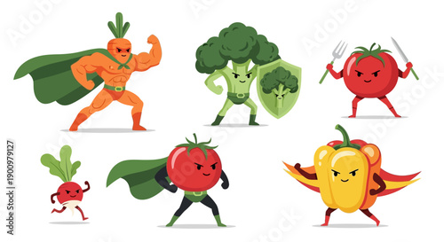 Vibrant Vegetable Superheroes in Action, Fights for Healthy Eating, Illustration of Cartoon Characters, Whimsical Scene, Playful Environment