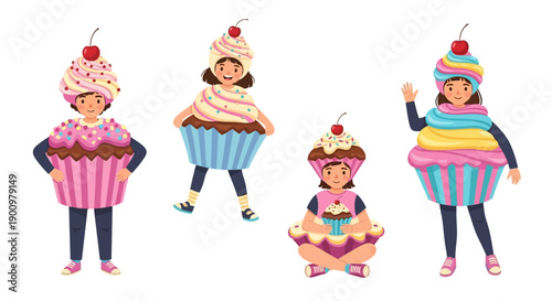 Children dressed as colorful cupcakes standing and playing together in a festive illustration