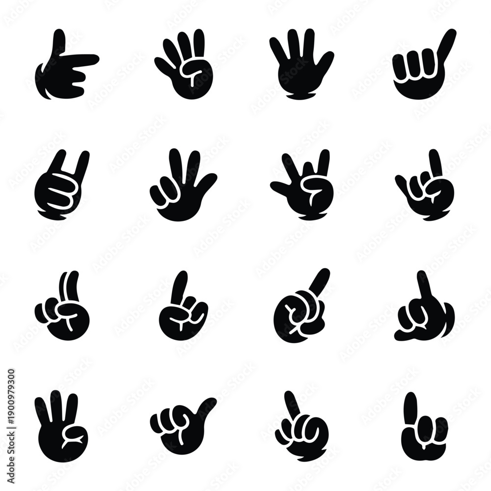 Fototapeta premium Set of 16 cartoon hand gesture icons in black silhouette on a white background.