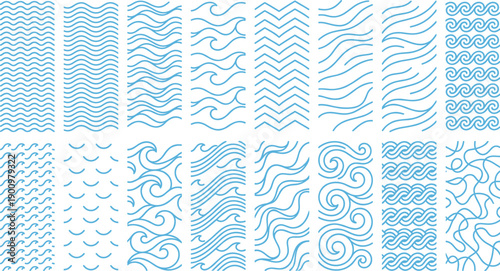 Abstract wave and line pattern set featuring flowing curves, water ripples, and decorative textures for background design, branding, packaging, and modern graphic use isolated on white