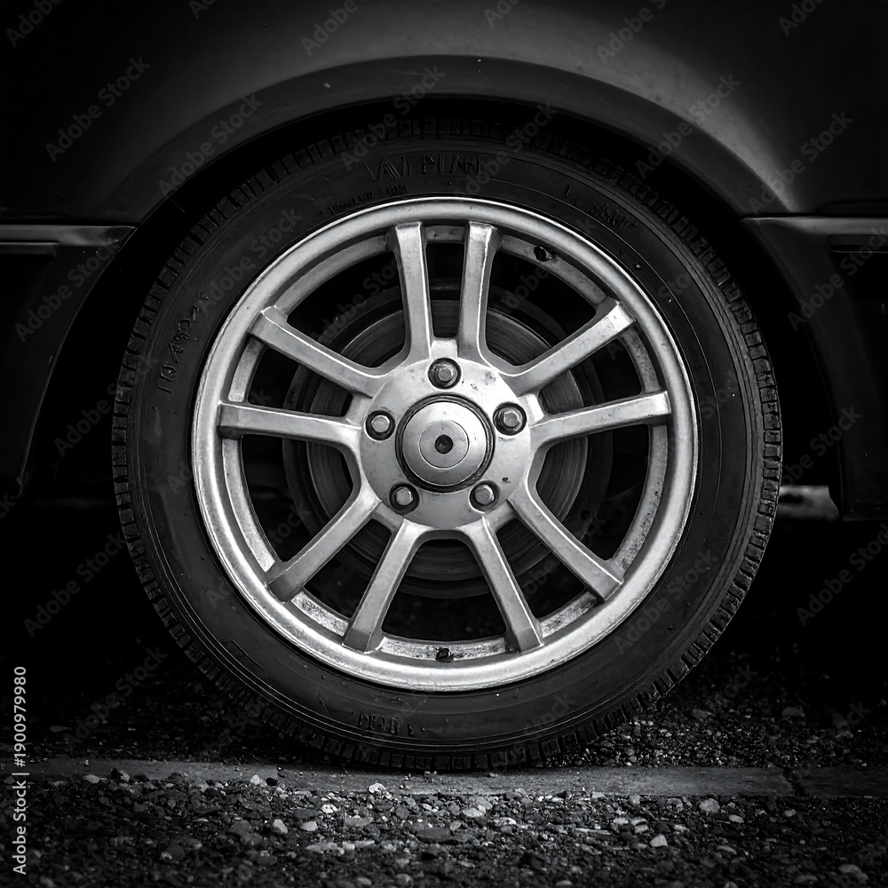Obraz premium Car wheel. Black and white, metal spokes, tire texture, dark background and shadow