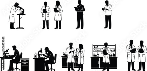 Laboratory scientists and researchers silhouettes, medical and chemical experiments, lab technicians working, science research teamwork, healthcare innovation, black white vector illustration