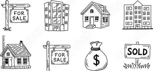 Hand drawn real estate icon set illustrating houses, apartments, for sale and sold signs, property investment, and home buying concepts in sketch style isolated on white