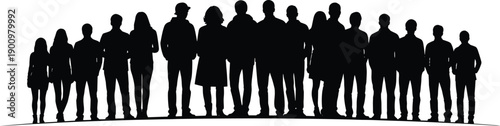 Large diverse crowd silhouette, group of people standing together, unity community teamwork society concept illustration isolated white background