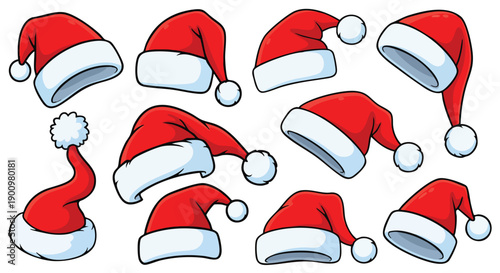 Collection of festive Christmas Santa hats with fluffy white trim and pom-poms, perfect for holiday designs.