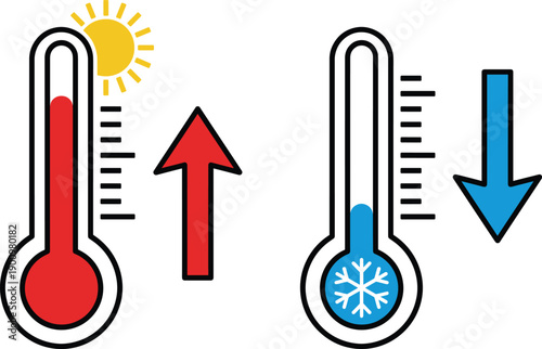 Hot and cold temperature thermometer icon set illustrating heat and cold levels, climate change, weather forecast, and temperature increase and decrease concepts isolated on white