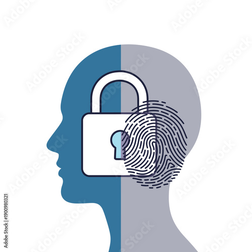 Security, privacy, and protection concept, padlock and fingerprint on split human head, data safety and confidentiality
