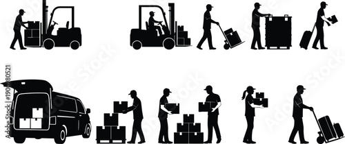 Logistics and warehouse worker silhouettes, forklift, loading, delivery, cargo handling, shipping operations icon set isolated on white background