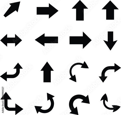Minimal black arrow icon set featuring directional, curved, and rotation arrows isolated on white background for web design, UI, navigation, and infographic use