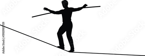 Man silhouette balancing on rope, risk and challenge concept, tightrope walking, courage and focus, personal growth, achievement, success metaphor illustration