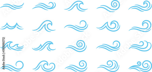Ocean wave icon set featuring flowing water, sea currents, and decorative swirl shapes for nature, summer, beach, and aquatic design concepts in light blue style isolated on white