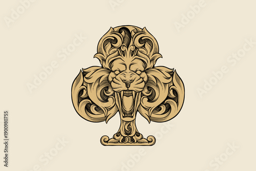 Ornate Roaring Lion Head Club Card Symbol