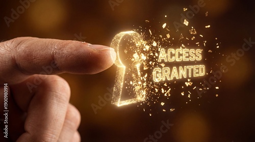 Hand granting access with glowing key and sparkling particles