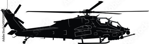 Military attack helicopter silhouette illustration, modern combat rotorcraft side view, armed aviation defense technology, black and white vector design