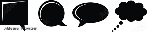 Speech bubble and thought cloud icon set representing communication, conversation, messaging, dialogue, and ideas in bold black silhouette style isolated on white background