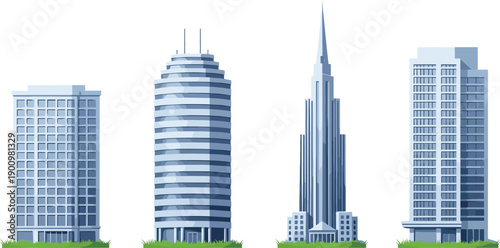 Modern skyscraper buildings illustration set, urban city architecture towers, business downtown skyline elements, contemporary real estate vector design