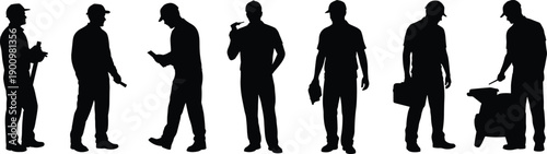 Worker and technician silhouette icon set illustrating construction, maintenance, repair, and industrial labor activities with tools and equipment in black style isolated on white
