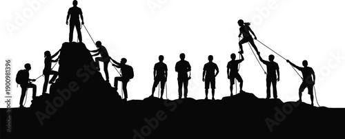 Mountain climbing teamwork silhouette, group of hikers helping each other, leadership support success concept, adventure expedition outdoors