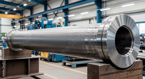 High-precision heavy-duty machined steel cylindrical shaft resting on industrial support blocks within a large-scale metal fabrication workshop and manufacturing facility