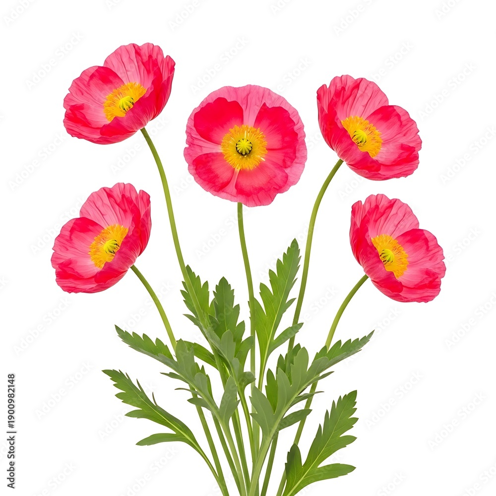 Fototapeta premium A bouquet of pink flowers with green leaves isolated on white background