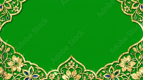 Intricate golden floral ornamental border design with sparkling blue gems on a vibrant green background, creating an elegant and luxurious frame for text or images.