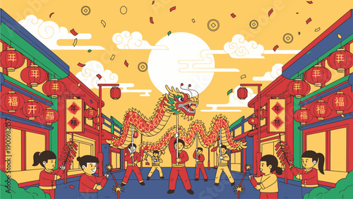 Vibrant Cultural Festival with Traditional Dragon Dance Performance