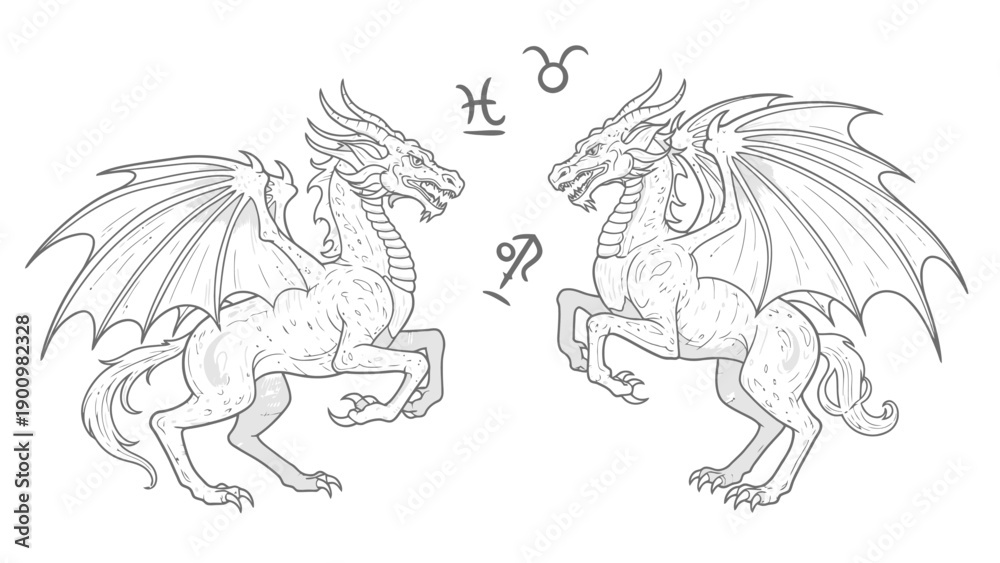 Fototapeta premium Zodiac sign dragons astrology symbols mythical creatures