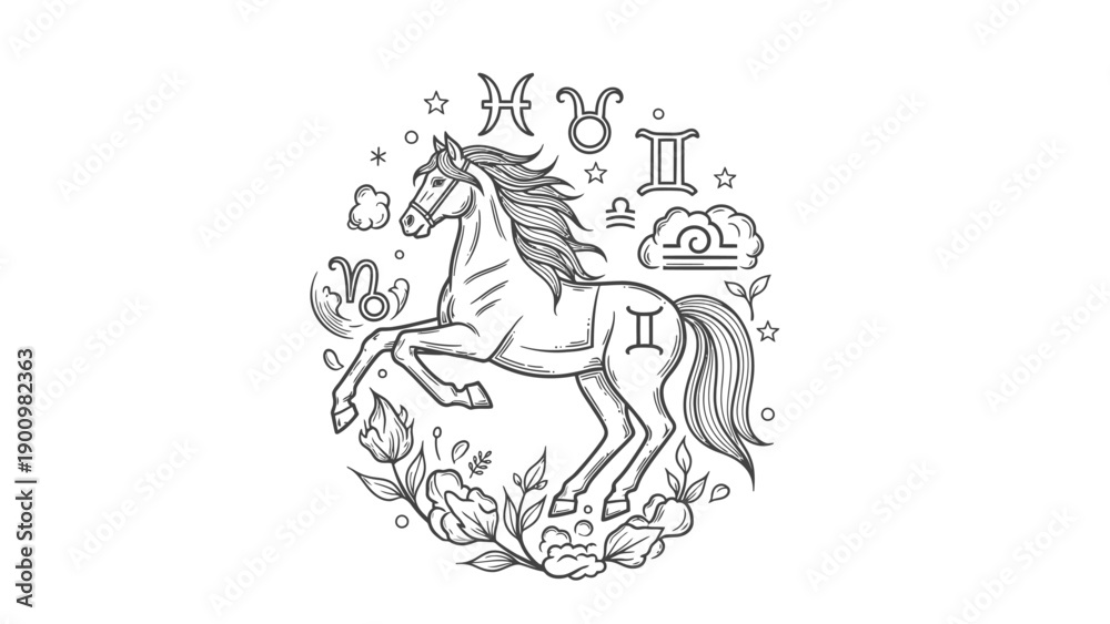 Naklejka premium Zodiac Horse Illustration with Astrological Symbols