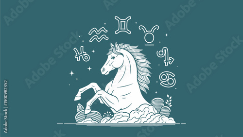 White Horse Rising from Rocks with Astrological Symbols