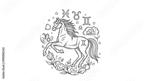 Zodiac Horse Illustration with Astrological Symbols
