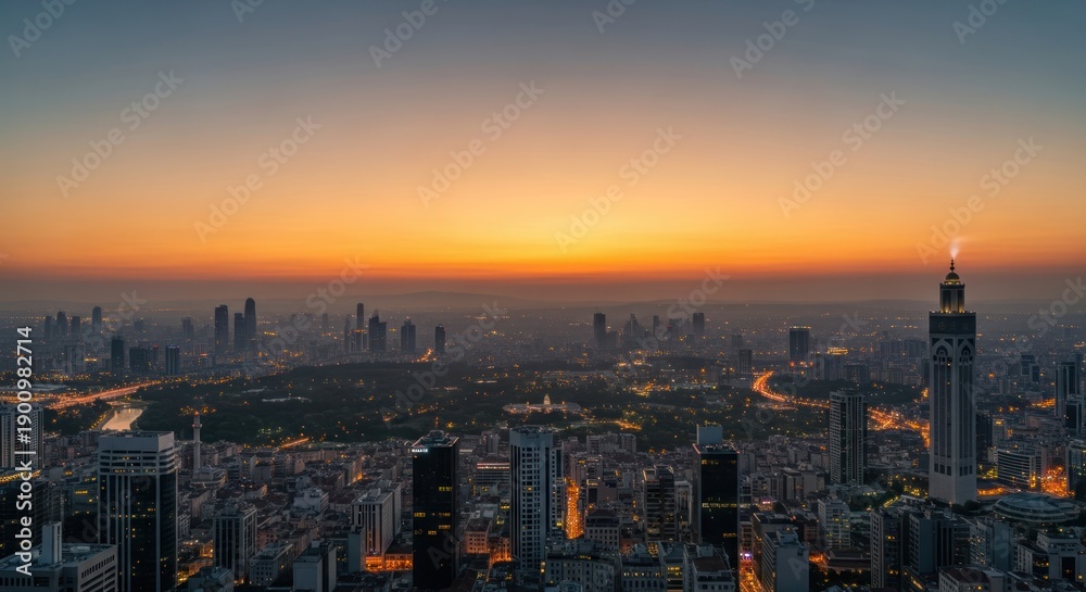 Fototapeta premium Cityscape at Dusk with Skyscrapers and Sunset.