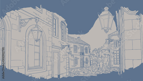 Sketch of Old European Town Street Scene