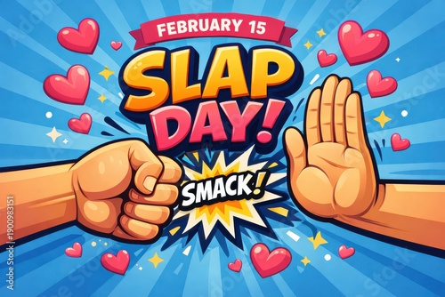 Slap Day text with February 15 date and hands on blue background Keywords: slap day, text